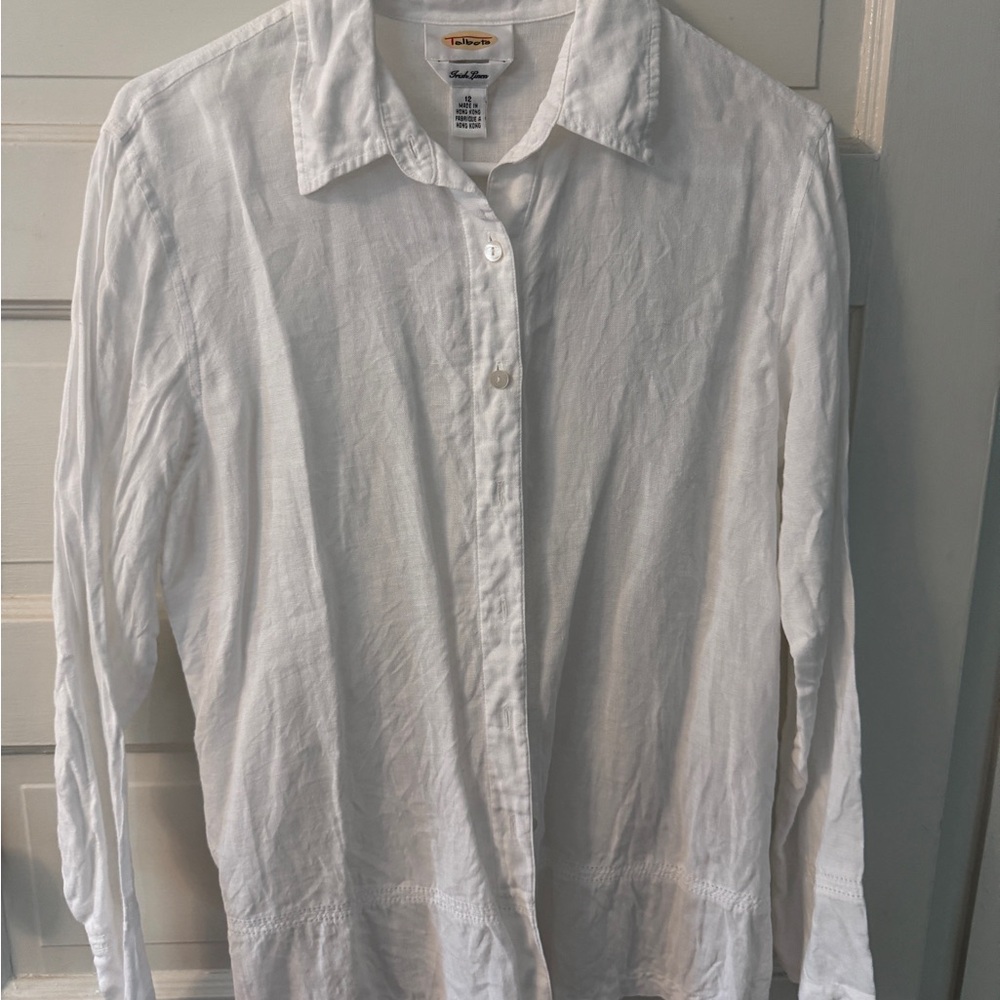 Talbots Irish Linen White Shirt with Handkerchief Hem Details Tunic Style EUC 12